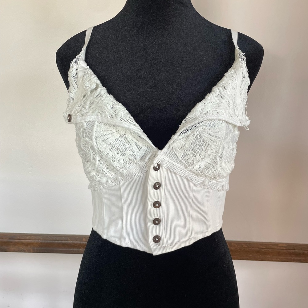 Free People White Lace Button-Up Crop Top